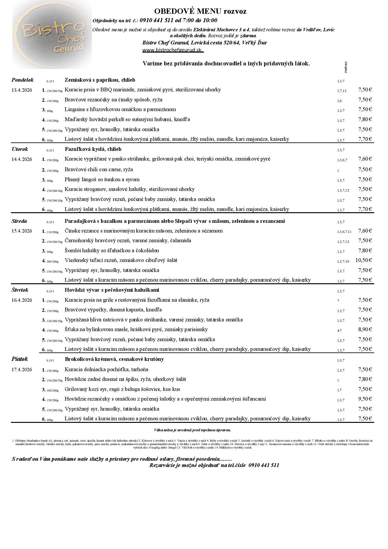 Bistro Chef Geurud - denné - obedové menu na 15. týždeň 2026 (13.-17.4.2026).
