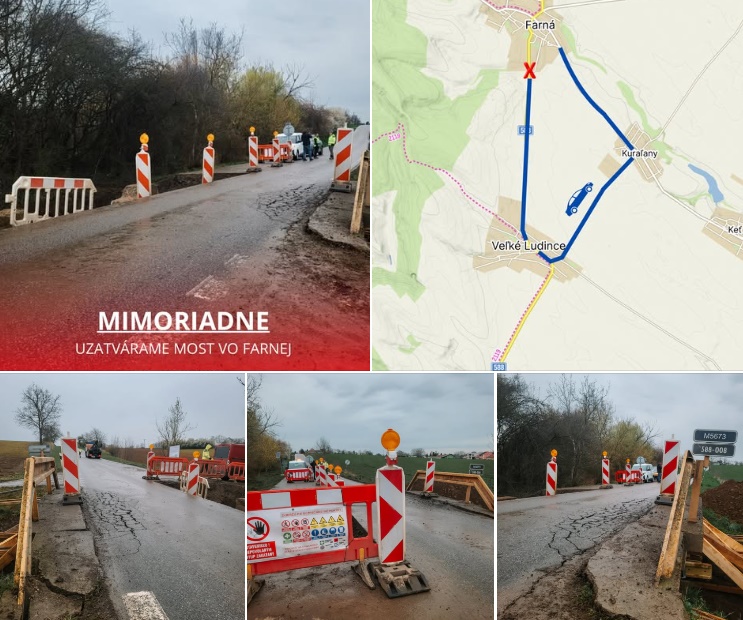 Mimoriadne uzavretie mosta pri obci Farná: Nákladné vozidlo narazilo do rímsy mosta a náraz ju posunul